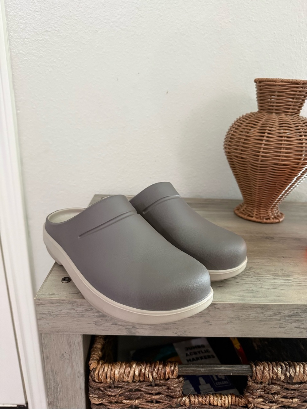 OOFOS Gray Slip-On Clogs with White Soles